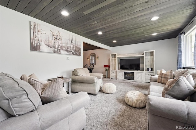 6455 Field St, Arvada, CO 80004 - carpeted living room featuring recessed lighting and wood ceiling