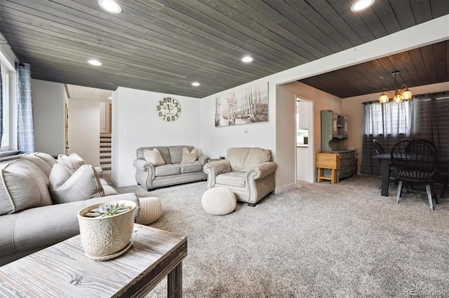 6455 Field St, Arvada, CO 80004 - carpeted living room with recessed lighting, a chandelier, wooden ceiling, and stairway