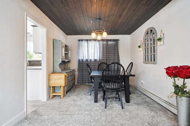 6455 Field St, Arvada, CO 80004 - carpeted dining space featuring a baseboard heating unit, a chandelier, and wooden ceiling