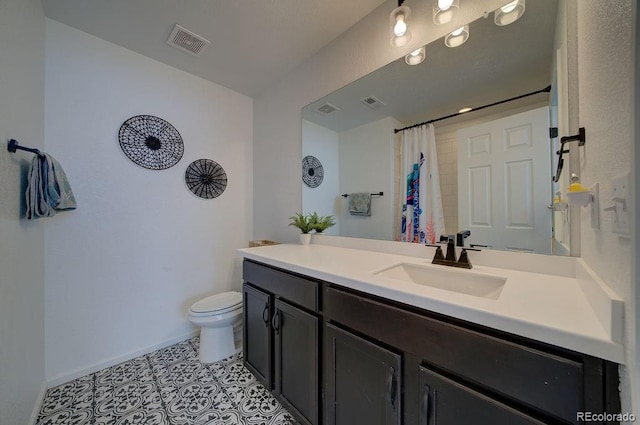 full bath featuring tile patterned flooring, visible vents, toilet, and vanity