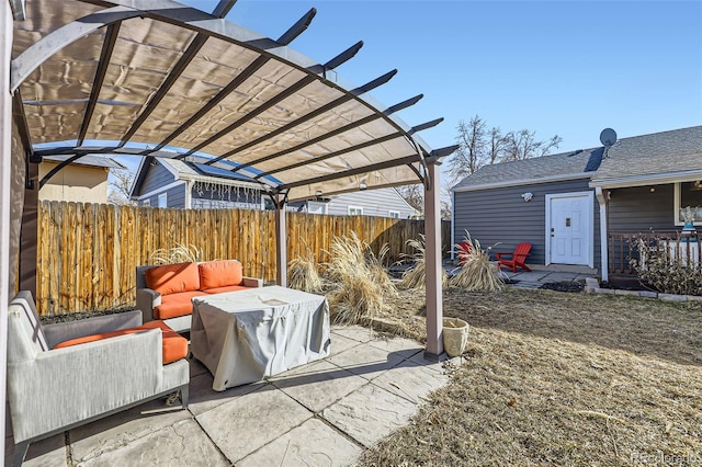 view of patio / terrace with outdoor lounge area and a pergola