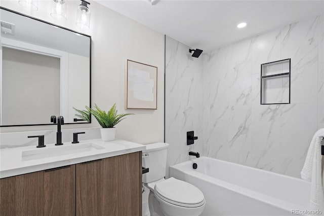 full bathroom with  shower combination, visible vents, vanity, and toilet