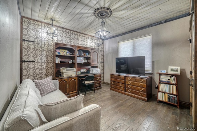 sitting room with a chandelier, hardwood / wood-style flooring, crown molding, and wood ceiling