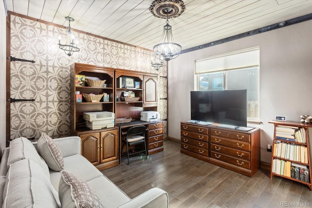 interior space with baseboards, dark wood-style flooring, wood ceiling, and an inviting chandelier