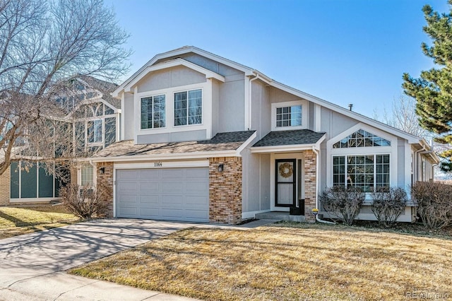 view of front of home featuring brick siding, driveway, an attached garage, and roof with shingles