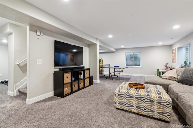 carpeted living area featuring recessed lighting, visible vents, baseboards, and stairs