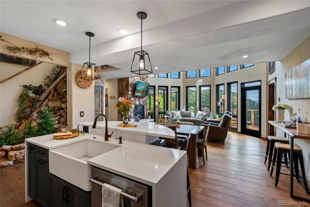 1194 Snyder Mountain Rd, Evergreen, CO 80439 - kitchen with stainless steel dishwasher, open floor plan, hardwood / wood-style floors, pendant lighting, and a center island with sink