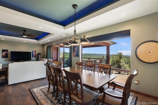 2754 County Rd 421, Florissant, CO 80816 - dining space featuring a raised ceiling, baseboards, a ceiling fan, recessed lighting, and dark wood-style floors
