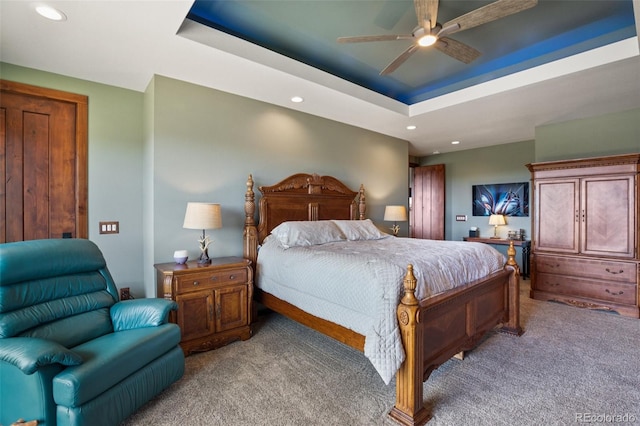 2754 County Rd 421, Florissant, CO 80816 - carpeted bedroom featuring a raised ceiling, recessed lighting, and a ceiling fan