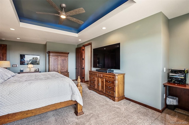 2754 County Rd 421, Florissant, CO 80816 - bedroom with carpet, baseboards, recessed lighting, a raised ceiling, and ceiling fan