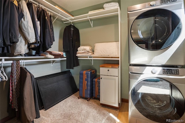 2754 County Rd 421, Florissant, CO 80816 - laundry area with stacked washer / dryer and light carpet