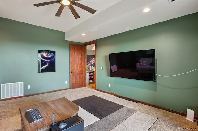 2754 County Rd 421, Florissant, CO 80816 - carpeted living room featuring a ceiling fan, recessed lighting, and baseboards