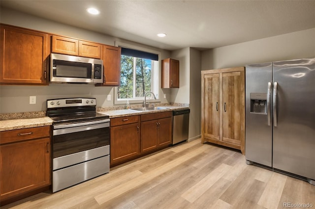2754 County Rd 421, Florissant, CO 80816 - kitchen featuring appliances with stainless steel finishes, a sink, light wood finished floors, brown cabinets, and recessed lighting