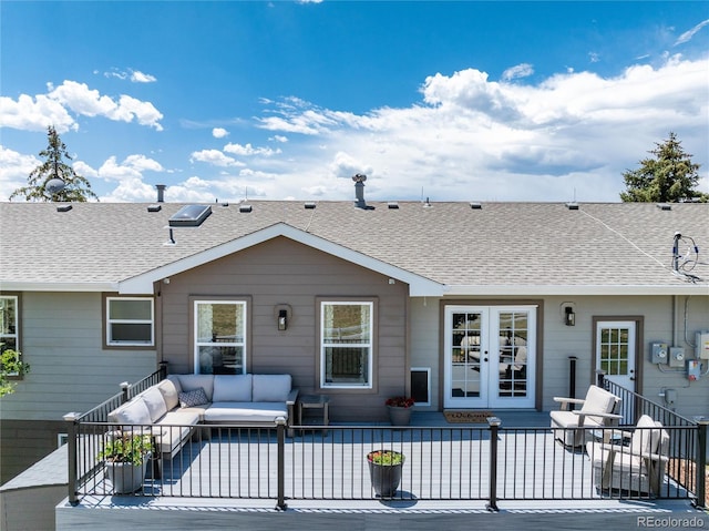 8804 Lariat Loop, Elizabeth, CO 80107 - rear view of house with an outdoor living space, french doors, a shingled roof, and a patio area
