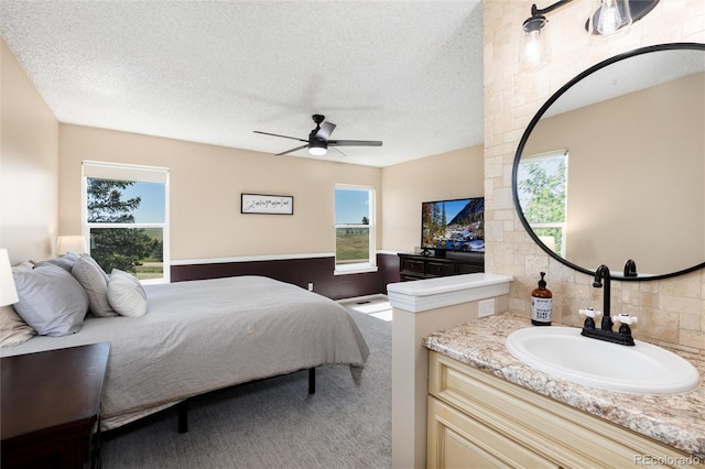 8804 Lariat Loop, Elizabeth, CO 80107 - bedroom with multiple windows, a textured ceiling, carpet, and ceiling fan