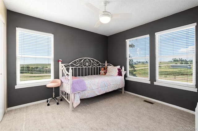 8804 Lariat Loop, Elizabeth, CO 80107 - carpeted bedroom featuring multiple windows, a ceiling fan, and a textured ceiling
