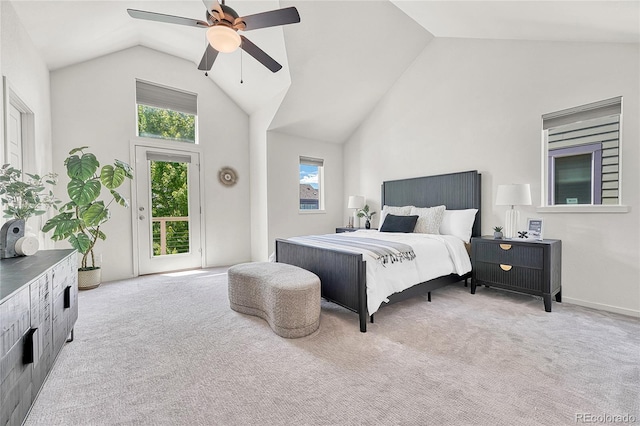 1903 W 66th Ave, Denver, CO 80221 - bedroom featuring high vaulted ceiling, carpet flooring, access to outside, and ceiling fan