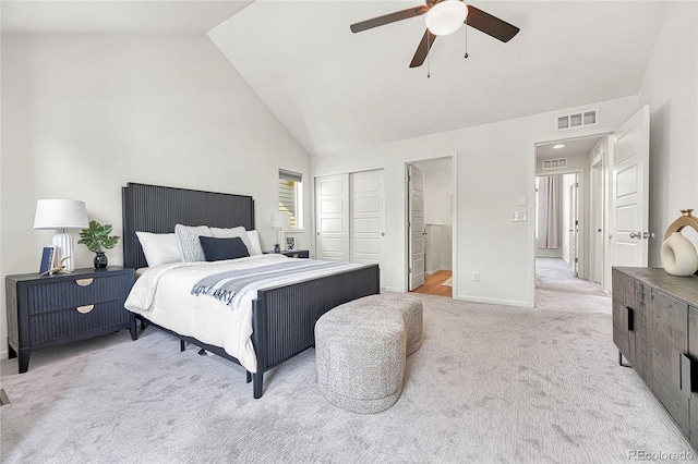 1903 W 66th Ave, Denver, CO 80221 - carpeted bedroom featuring high vaulted ceiling, a closet, and a ceiling fan