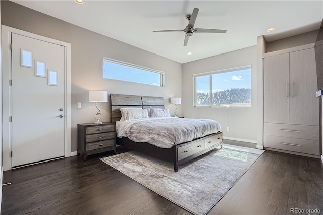 28424 Tepees Way, Evergreen, CO 80439 - bedroom featuring dark wood finished floors, recessed lighting, and a ceiling fan