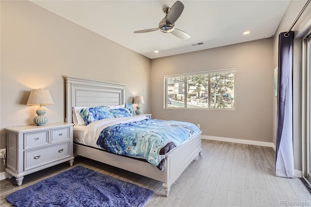28424 Tepees Way, Evergreen, CO 80439 - bedroom with light wood-type flooring, ceiling fan, and recessed lighting