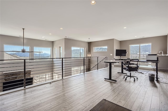 28424 Tepees Way, Evergreen, CO 80439 - office area featuring wood finished floors, recessed lighting, and ceiling fan