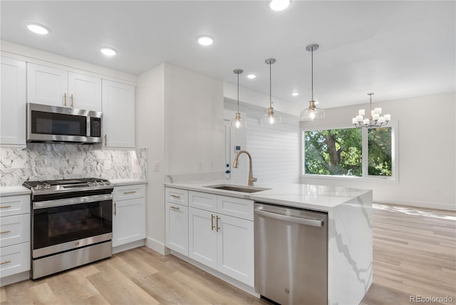 kitchen with stainless steel appliances, tasteful backsplash, white cabinets, a sink, and a peninsula