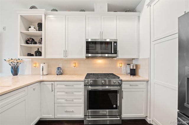 4150 Longview Ln, Boulder, CO 80301 - kitchen with appliances with stainless steel finishes, white cabinetry, open shelves, and backsplash