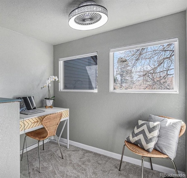 office with light colored carpet, baseboards, a textured wall, and a textured ceiling