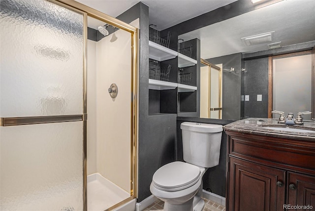 bathroom with vanity, toilet, and a stall shower