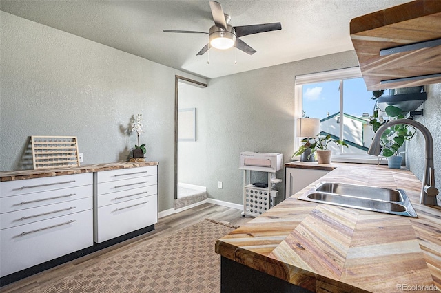 kitchen featuring baseboards, a textured wall, wood finished floors, a ceiling fan, and a sink