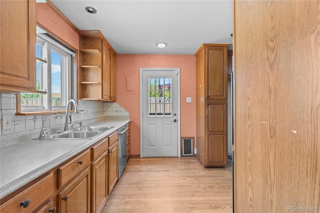 4815 S Pennsylvania St, Englewood, CO 80113 - kitchen featuring dishwasher, light wood-type flooring, tasteful backsplash, open shelves, and brown cabinetry