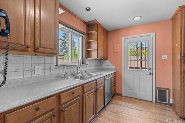 4815 S Pennsylvania St, Englewood, CO 80113 - kitchen with dishwasher, brown cabinets, decorative backsplash, and light wood-style floors