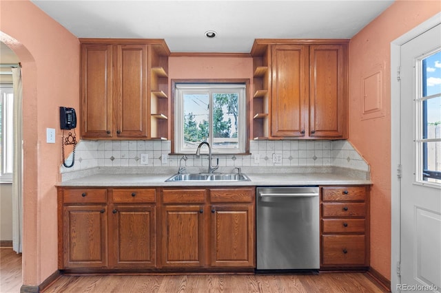 4815 S Pennsylvania St, Englewood, CO 80113 - kitchen featuring dishwasher, open shelves, brown cabinetry, and light wood-style flooring