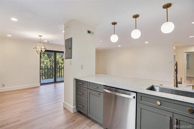 460 S Marion Pkwy Unit 604, Denver, CO 80209 - kitchen featuring dishwasher, gray cabinets, light wood-style flooring, light stone counters, and electric panel