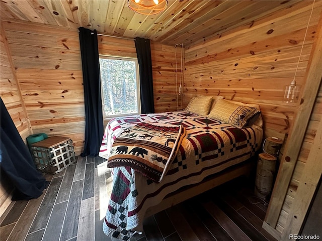 bedroom featuring wood walls, wood ceiling, and wood finished floors