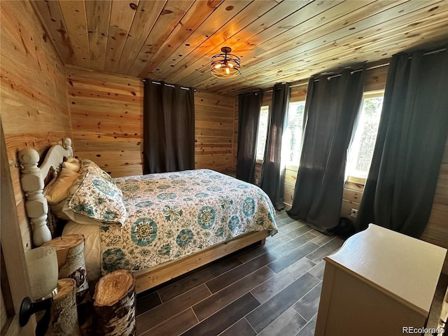 bedroom with wooden walls, wooden ceiling, and wood finish floors