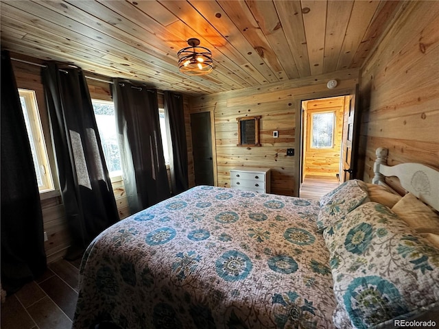 bedroom featuring wooden walls and wood ceiling