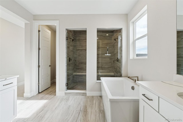 bathroom featuring vanity, plus walk in shower, and wood-type flooring