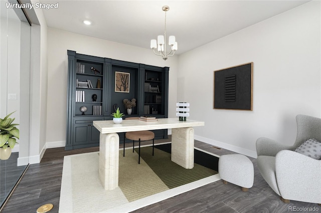 5566 Hickory Oaks Trl, Castle Rock, CO 80104 - office with dark wood-style flooring, a chandelier, baseboards, and recessed lighting