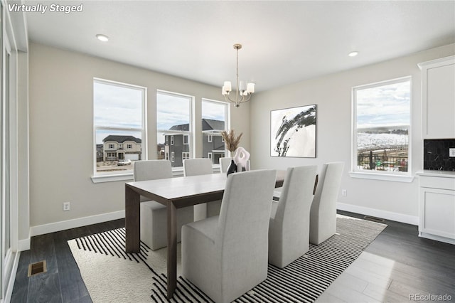 5566 Hickory Oaks Trl, Castle Rock, CO 80104 - dining space with a chandelier, healthy amount of natural light, dark wood-style floors, and recessed lighting