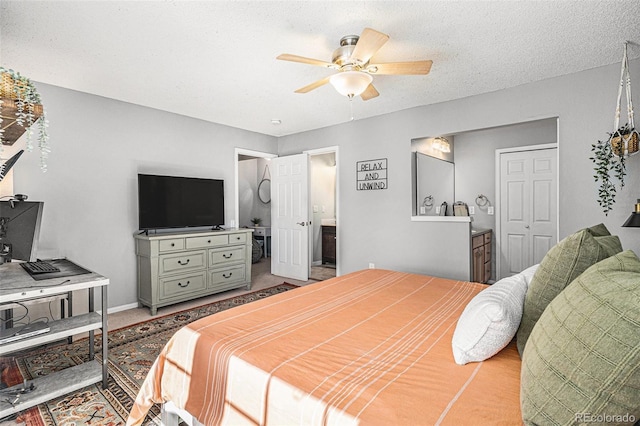 bedroom with a textured ceiling, a closet, and ceiling fan