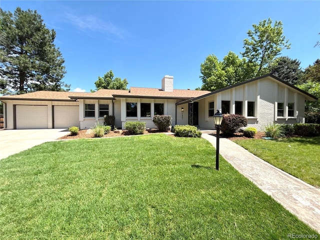 9451 E Evans Pl, Denver, CO 80231 - ranch-style house with a garage, a chimney, a front yard, and driveway