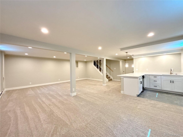 9451 E Evans Pl, Denver, CO 80231 - finished basement with stairs, light carpet, recessed lighting, and bar