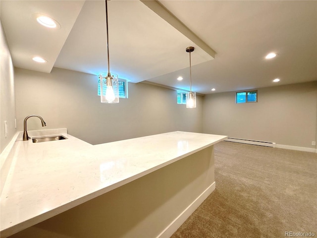 9451 E Evans Pl, Denver, CO 80231 - bar area featuring a baseboard heating unit, pendant lighting, recessed lighting, and carpet floors