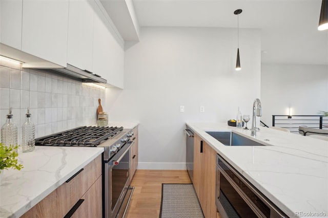 kitchen with light wood finished floors, modern cabinets, appliances with stainless steel finishes, light stone counters, and a sink