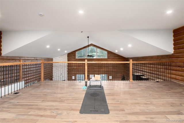 57 Overlook Ct, Idaho Springs, CO 80452 - misc room featuring wood finished floors, vaulted ceiling, and recessed lighting