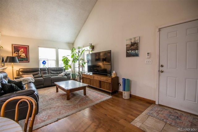 3300 W Florida Ave Unit 37, Denver, CO 80219 - living area with wood finished floors, high vaulted ceiling, and a textured ceiling