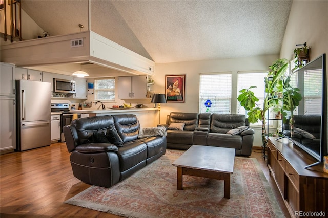 3300 W Florida Ave Unit 37, Denver, CO 80219 - living room with vaulted ceiling, a textured ceiling, and wood finished floors