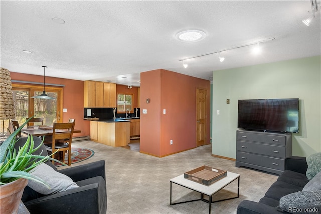 living room featuring a wealth of natural light, light carpet, and a textured ceiling