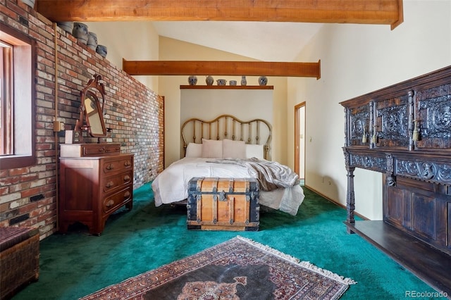 carpeted bedroom with vaulted ceiling with beams